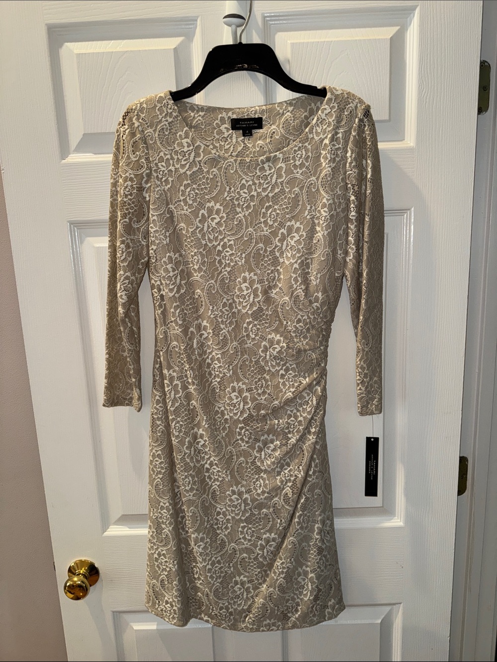 Tahari ASL Beige Lace Sheath Dress with Side Ruching